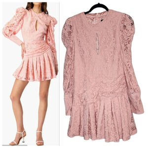 Bardot Korina Pleated Long Sleeve Lace Mini dress in Baby Pink. Size 8.